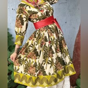 Lux Embroidered Cotton and Silk Midi Dress: Full Zip, Gathered Waist, L/XL